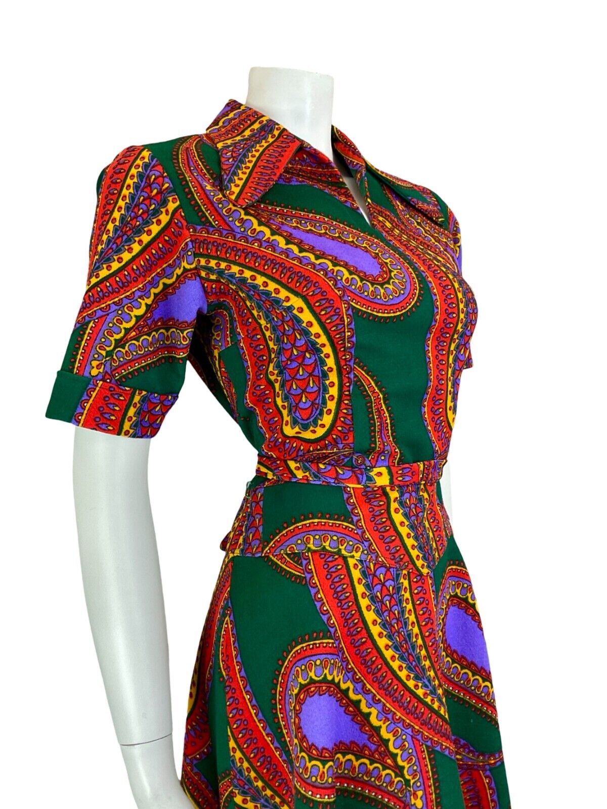 VTG 60S 70S BEAGLE COLLAR PSYCHEDELIC PAISLEY GREEN PURPLE RED SHIRT DRESS 12 14