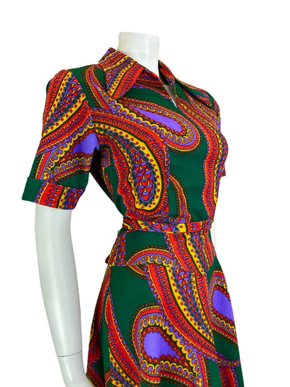 VTG 60S 70S BEAGLE COLLAR PSYCHEDELIC PAISLEY GREEN PURPLE RED SHIRT DRESS 12 14