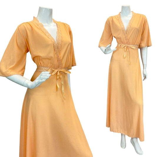 VTG 70S PEACH ORANGE APRICOT LACE GLAM ROMANTIC WRAP MAXI DRESS 12 14