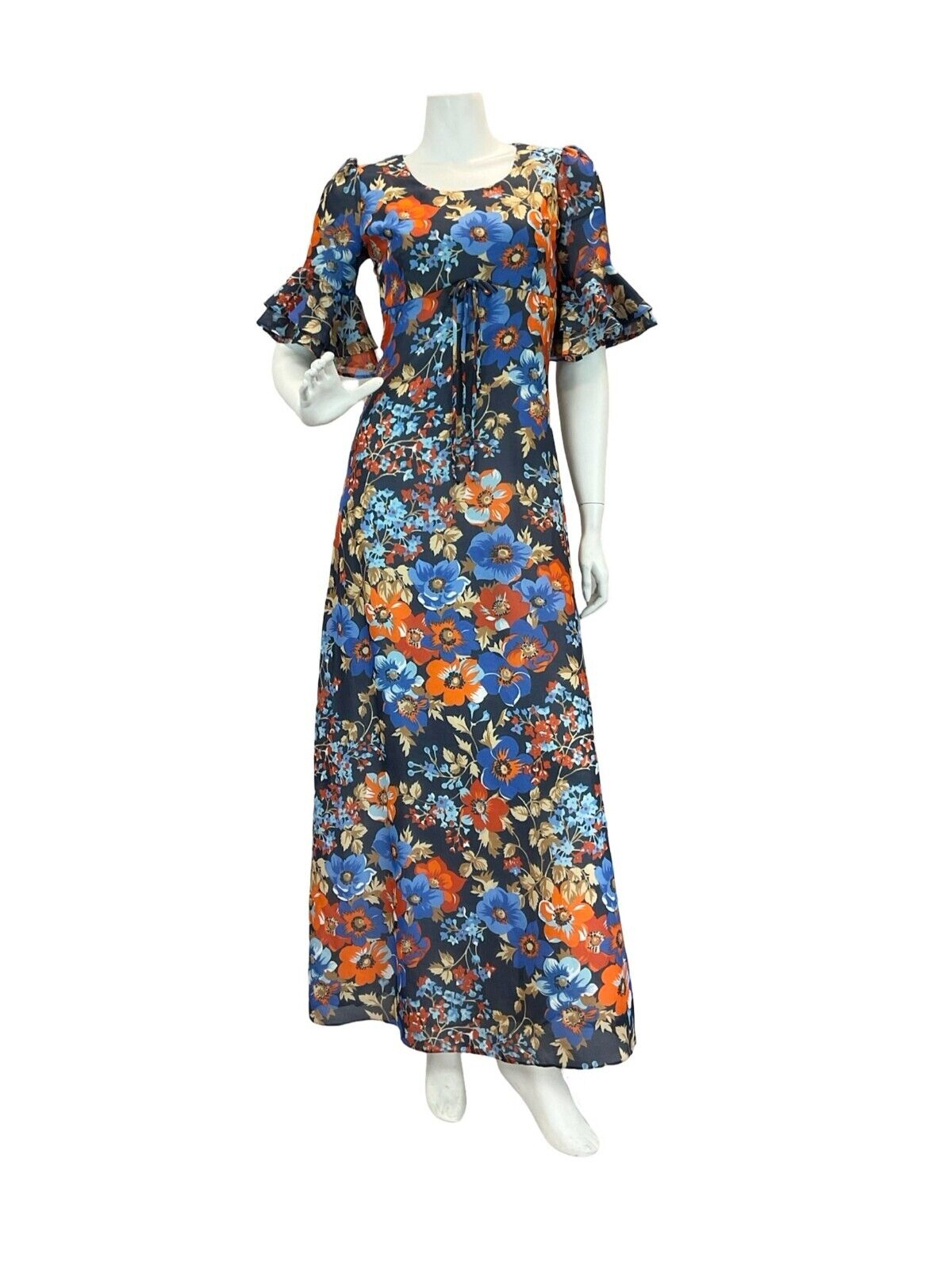 VTG 70S BLUE ORANGE FLORAL BELL SLEEVE EMPIRE MAXI DRESS 8