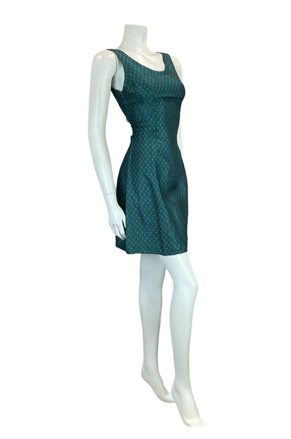 VTG 60S TEAL BLUE BLACK ART DECO BROADE EVENING PARTY MINI DRESS SIZE 10