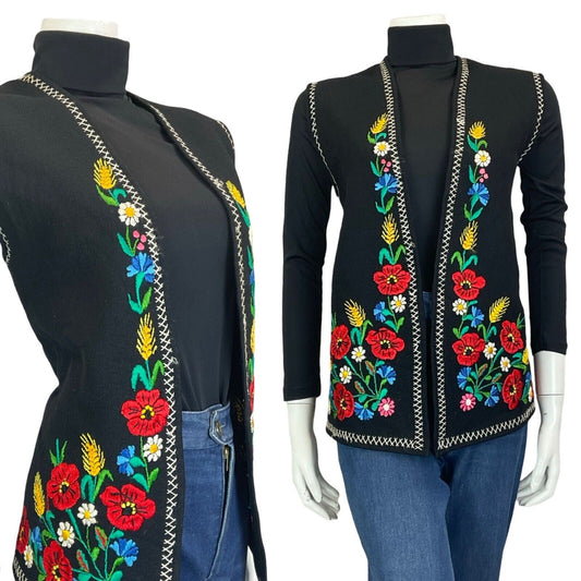 VTG 70S EMBROIDERED FOLK BOHO HARVEST FLORAL WHEAT GILET WAISTCOAT WOOL SIZE 16