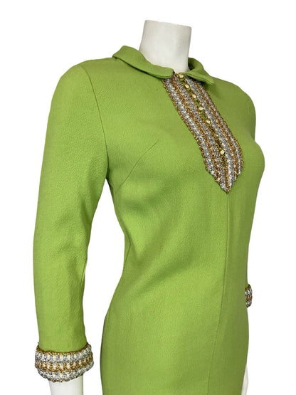 VTG 60S LIME GREEN GOLD SILVER LONG SLEEVE HIPPY BOHO PARTY TUNIC MIDI DRESS 4 6