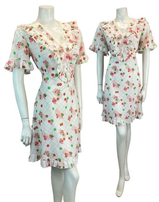 VTG 70S WHITE PINK GREEN COTTON FEEL SUMMER MINI DRESS GRID FLORAL 12 14