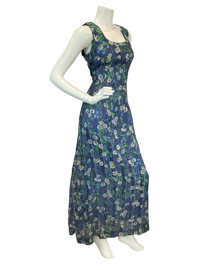 VINTAGE 60s 70s DAISY PRINT BLUE SEMI-SHEER LINED MAXI DRESS 10 12