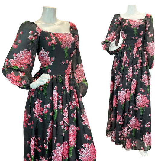 VT 70S ROMANTIC BLACK PINK FLORAL WEDDING PARTY MAXI DRESS 8 10