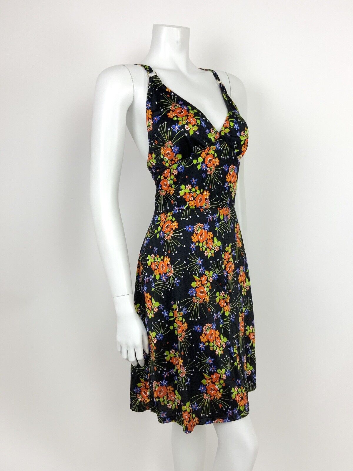 VTG 60s 70s BLACK BLUE ORANGE GREEN FLORAL HAWAIIAN SUMMER HALTER DRESS 10