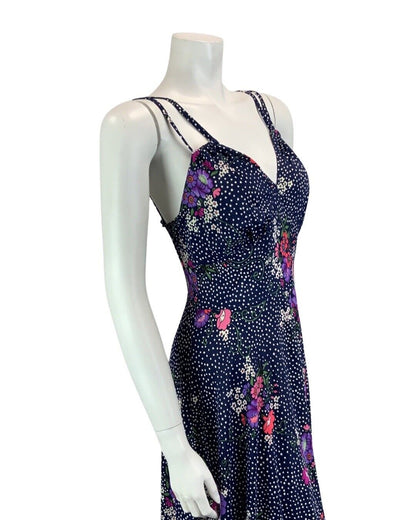 VINTAGE 60s 70s NAVY BLUE WHITE POLKA DOT FLORAL PRINT STRAPPY MAXI DRESS 10