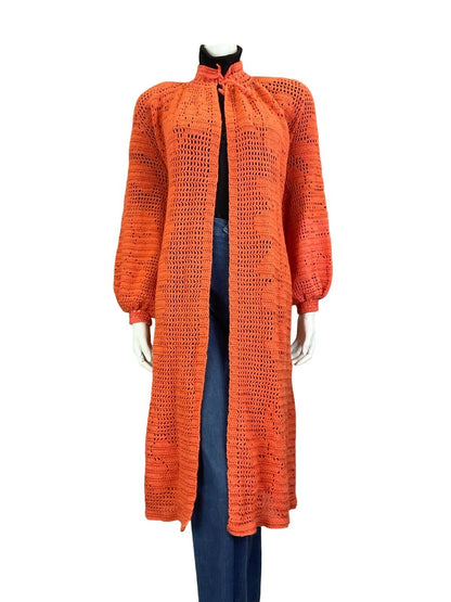 VTG 70S ORANGE HAND KNITTED FLORAL BOHO CARDIGAN TIE NECK BISHOP SLEEVE 10 12 14