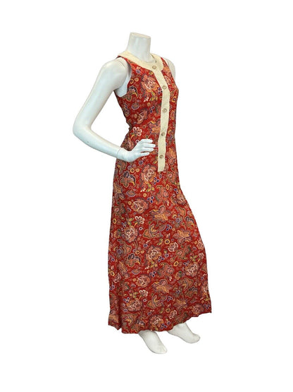 VTG 60s 70s LIBERTY HOUSE MADE IN HAWAII RED PAISLEY BOHO MAXI DRESS 6 8