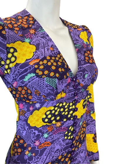 VTG 70S PSYCHEDELIC PURPLE YELLOW BLACK HIPPY GLAM FESTIVAL MAXI DRESS 8 10