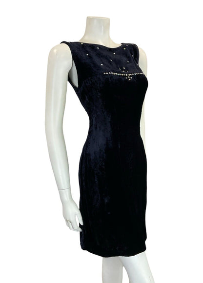 *needs close upVTG 60S NAVY BLUE HANDMADE VELVET DIAMANTE BOAT NECK MINI DRESS 8