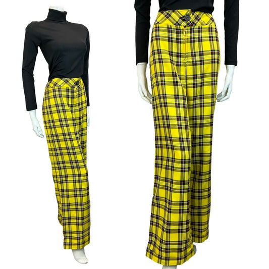 VTG 70S YELLOW BLACK RED TARTAN PUNK STRAIGHT LEG TROUSERS SIZE 12 14