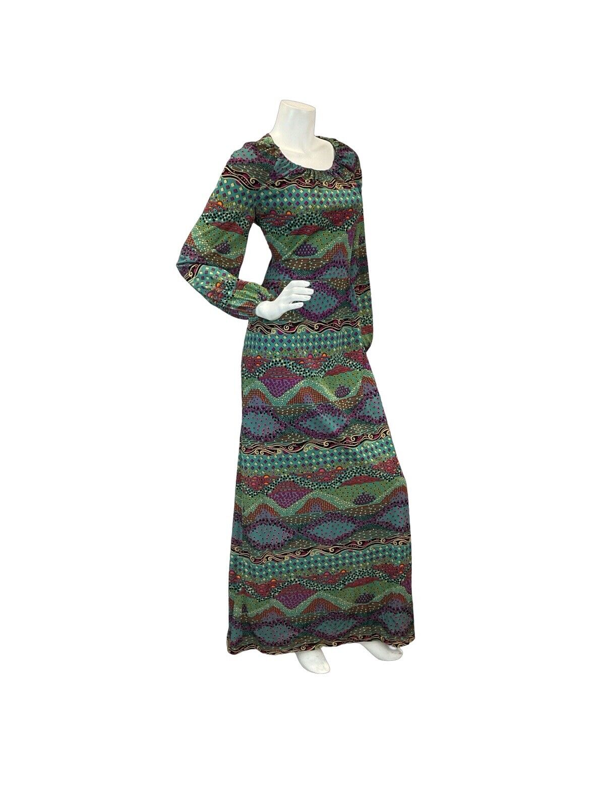 VTG 70S PSYCHEDELIC BLUE GREEN PURPLE PATTERN MAXI DRESS 10 12