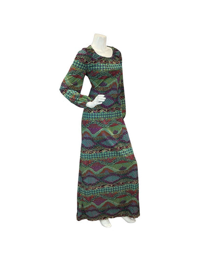 VTG 70S PSYCHEDELIC BLUE GREEN PURPLE PATTERN MAXI DRESS 10 12