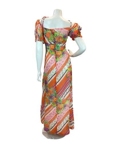 VTG EMPIRE STRIPE FLORAL PSYCHEDELIC MAXI DRESS ORANGE PINK BLUE GREEN YELLOW 8