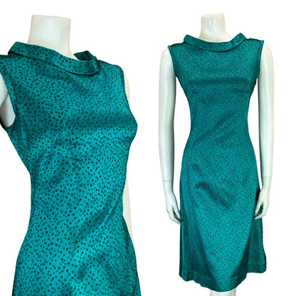 VTG 60S TEAL BLUE BLACK DOTTY SHINY TIE NECK SLEEVELESS OCCASION DRESS 12