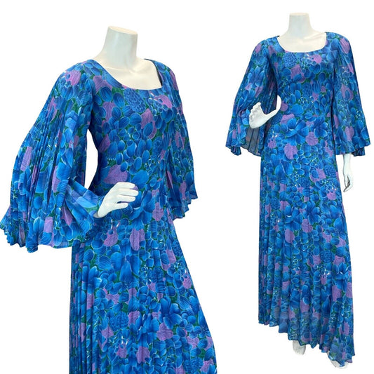 VTG 70S WEDDING OCCASION FLORAL CAPE SLEEVE MAXI DRESS BLUE PINK 10 12