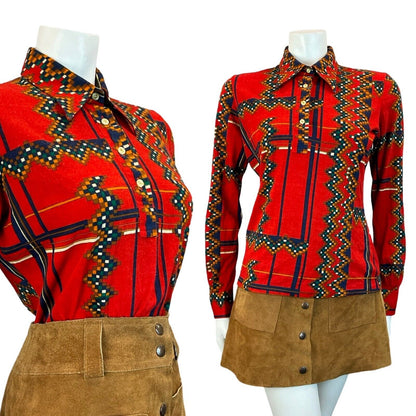 VTG 60S 70S RED NAVY BLUE GREEN PSYCHDELIC GEOMETRIC DAGGER COLLAR SHIRT 12