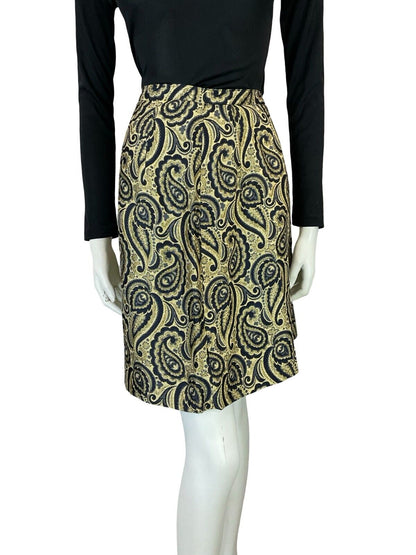 VTG 60S MOD BOHO GOLD BLACK METALLIC PAISLEY PARTY EVENING MINI SKIRT 10