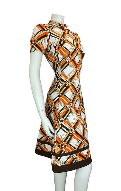 VTG 60S ORANGE WHITE BROWN MOD ROUNDED COLLAR SHORT SLEEVE MIDI DRESS SIZE 10