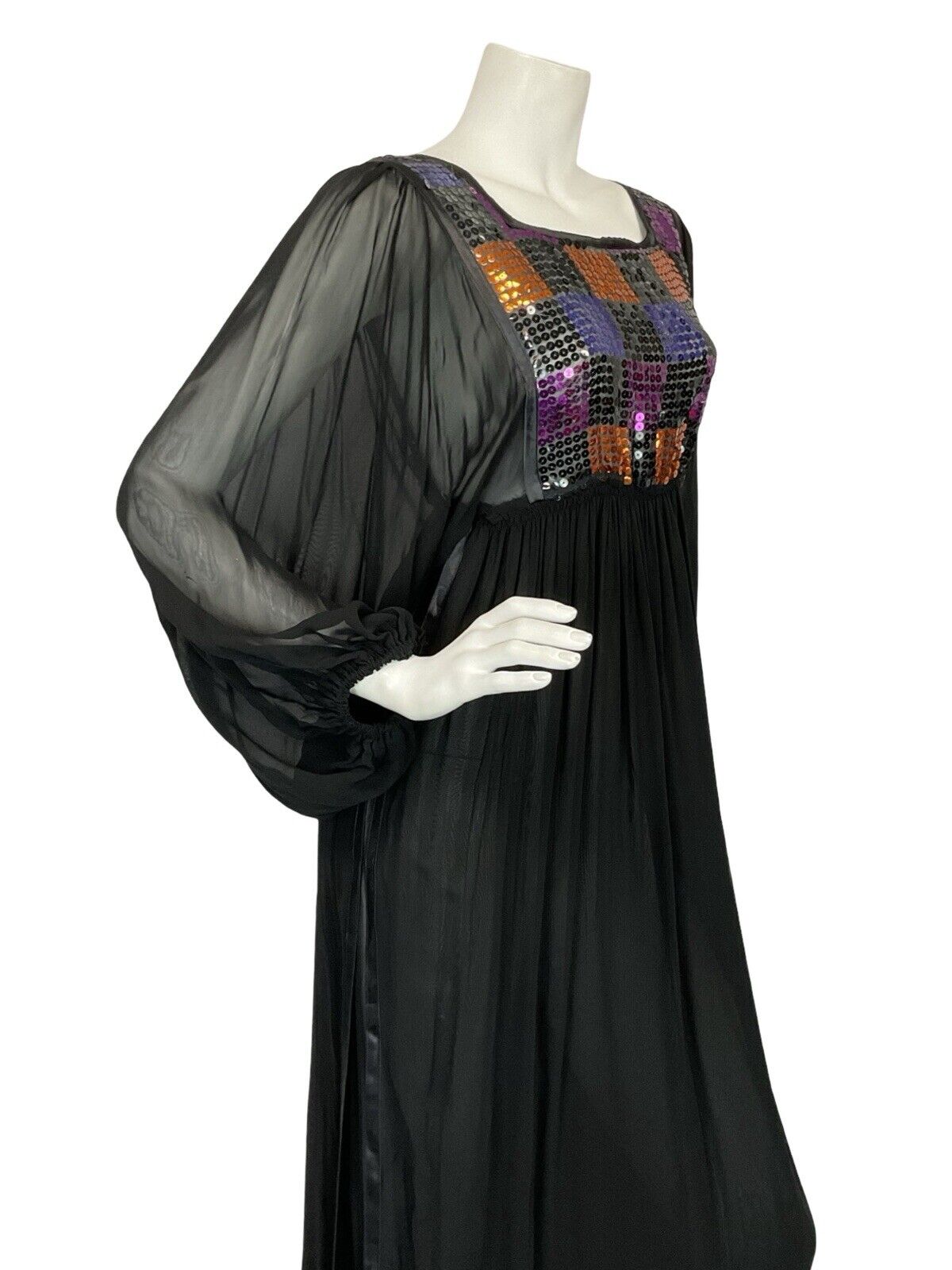 VTG 70S DISCO MESH BLACK PURPLE ORANGE SEQUIN BATWING FLOATY PARTY DRESS 6 8