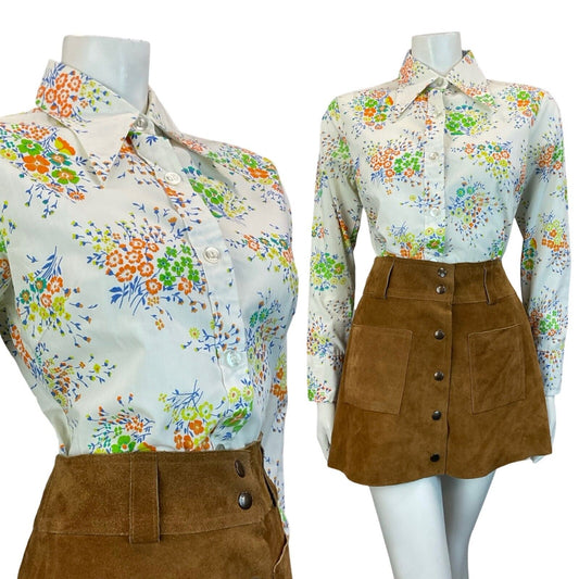 VTG 70S DAGGER COLLAR PSYCHDELIC WHITE ORANGE BLUE GREEN FLORAL SHIRT SIZE 12