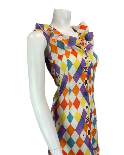 VINTAGE 60s 70s WHITE ORANGE RED YELLOW BLUE HARLEQUIN PRINT FRILLED DRESS 6