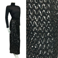 VTG 70S BLACK ZIG ZAG SEQUIN THICK KNITTED BLACK SILVER PARTY MIDI SKIRT 10 12