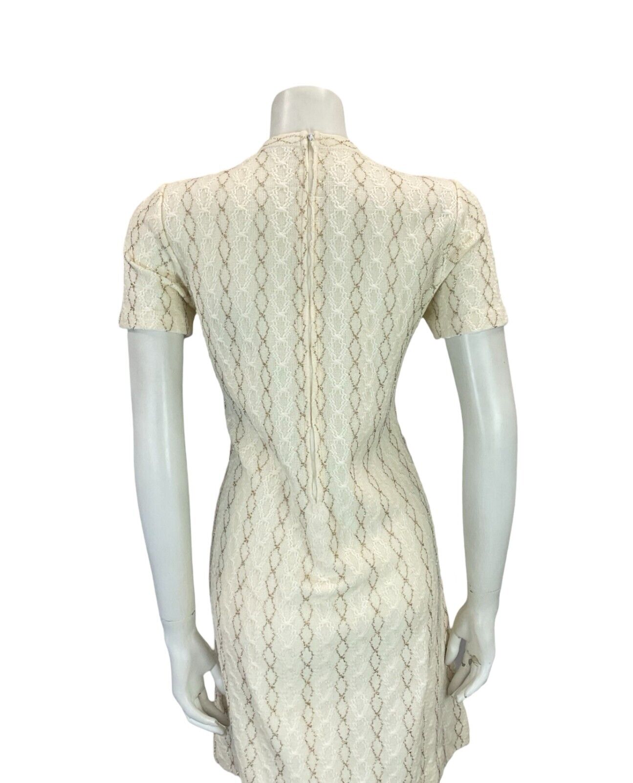 VTG 60S MOD WOOL KNITTED TEXTURE CREAM GOLD SHORT SLEEVE MINI DRESS 11