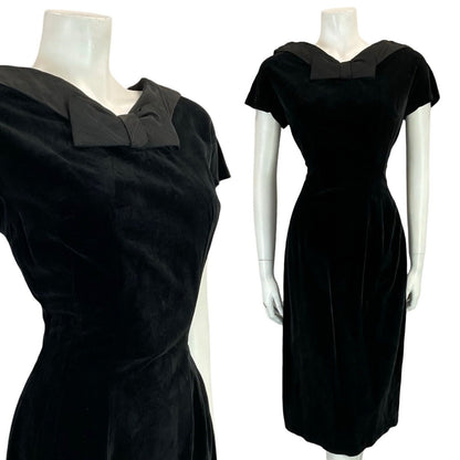 VTG 60S V BOAT NECK BOW BLACK VELVER SHORT SLEEVE PARTY LITTLE BLACK DRESS 10