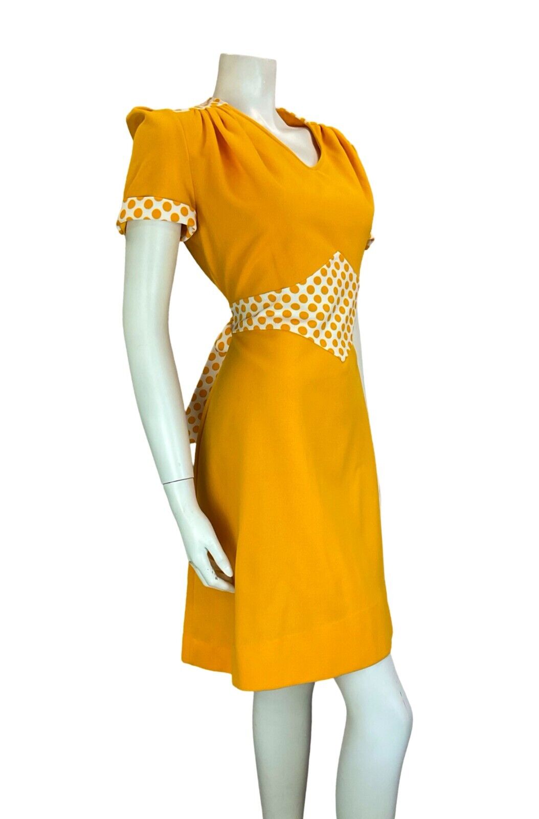 VTG 60S MINI MOD YELLOW WHITE POLKA DOT TIE WAIST SHORT SLEEVE MINI DRESS 12 14