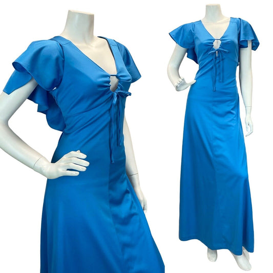 VTG 70S GLAM BLUE FLUTTER SLEEVE BACKLESS RUFFLE MAXI DRESS 10