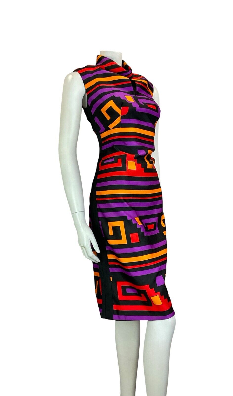 VTG 60S MOD BLACK PURPLE RED YELLOW FUNNEL NECK SLEEVELESS MIDI DRESS