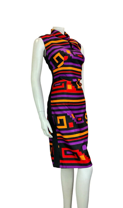 VTG 60S MOD BLACK PURPLE RED YELLOW FUNNEL NECK SLEEVELESS MIDI DRESS