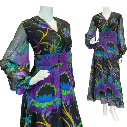 VTG 70S WEDDING PSYCHEDELIC FLORAL PURPLE GREEN BLACK BLUE MAXI DRESS 10 12