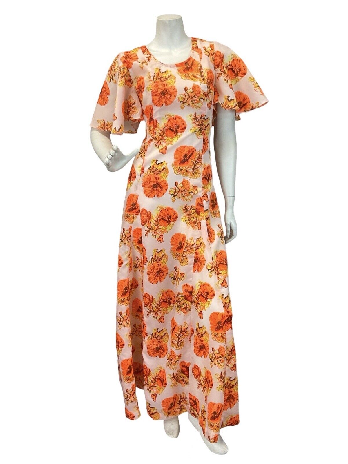 VINTAGE 60s 70s BUTTERFLY SLEEVE ORANGE FLORAL MAXI DRESS 12 14