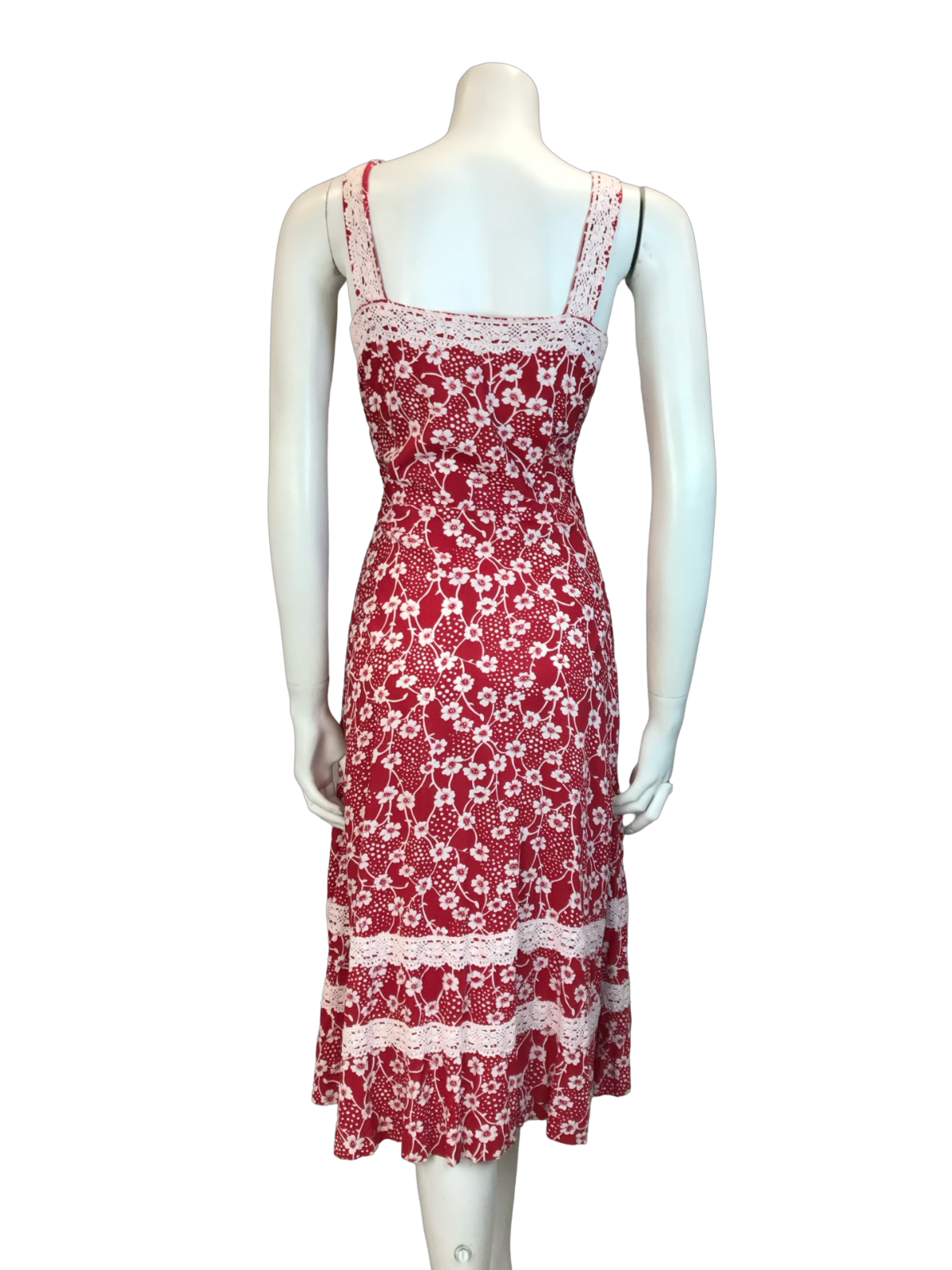 VTG 70S RED WHITE FOLK COTTON FLORAL CROCHET SUMMER SUN DRESS 10 12