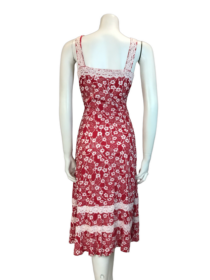 VTG 70S RED WHITE FOLK COTTON FLORAL CROCHET SUMMER SUN DRESS 10 12