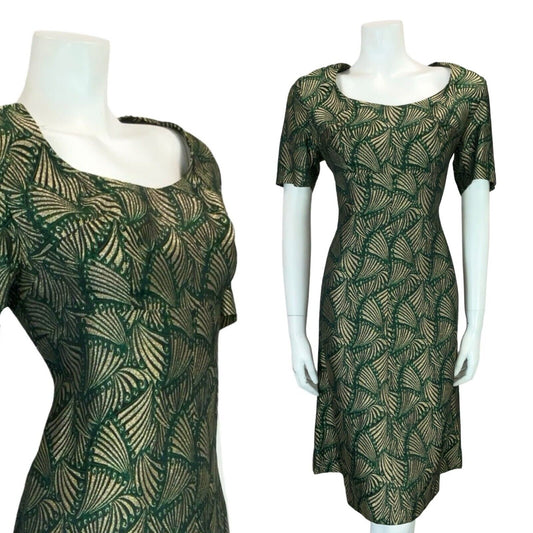 VTG 60S ART DECO FAN GOLD GREEN BLACK SHORT SLEEVE ROUNDED NECK DRESS 12