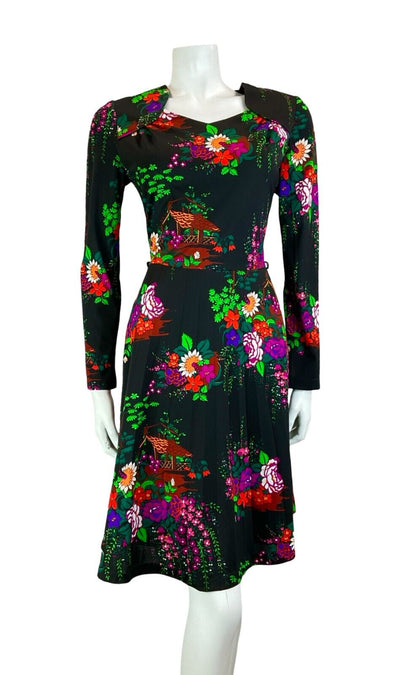 VTG 70S BETTY BARCLAY FLORAL COTTAGE BLACK PINK GREEN SWEETHEART MIDI DRESS S