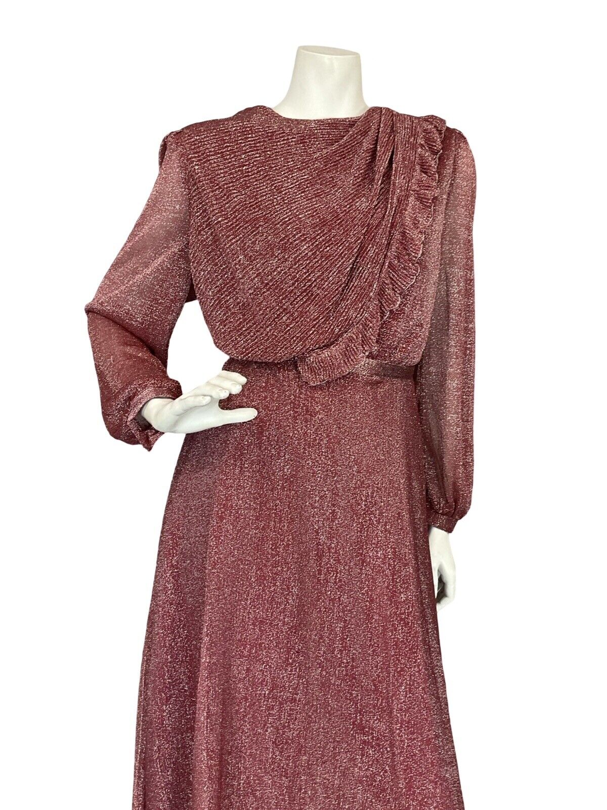 VTG 70S BURGUNDY LUREX LONG SLEEVE BLOUSON TIE WAIST PARTY DRESS 10 12