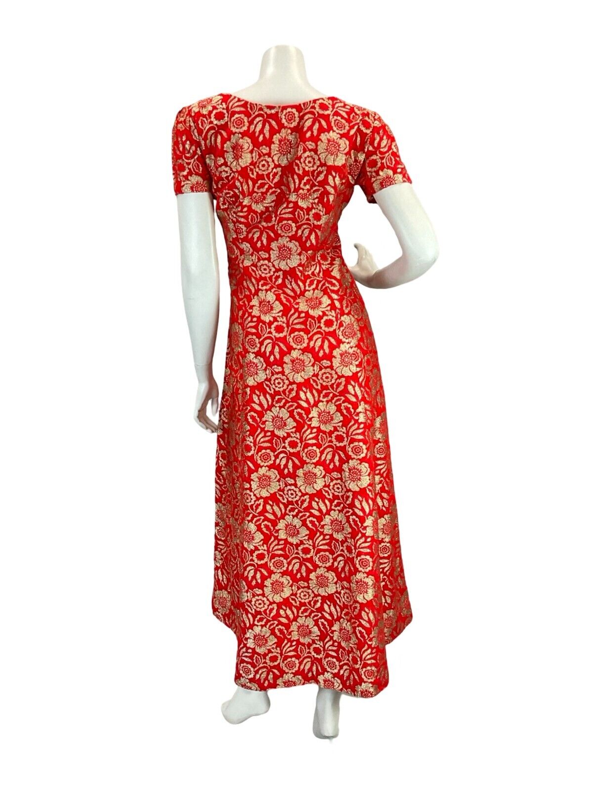 VTG 60S FOMR FITTING RED GOLD FLORAL EVENING PARTY SHORT SLEEVE MAXI DRESS 12