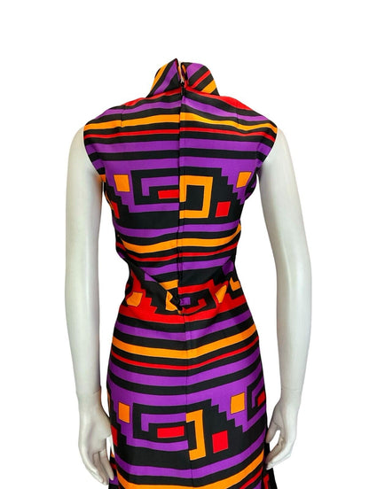 VTG 60S MOD BLACK PURPLE RED YELLOW FUNNEL NECK SLEEVELESS MIDI DRESS