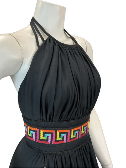 VTG 70S DISCO SUMMER BLACK MULTICOLOUR EMBROIDERED HALTERNECK MAXI DRESS 4