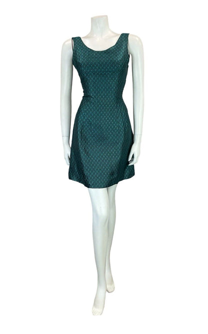 VTG 60S TEAL BLUE BLACK ART DECO BROADE EVENING PARTY MINI DRESS SIZE 10