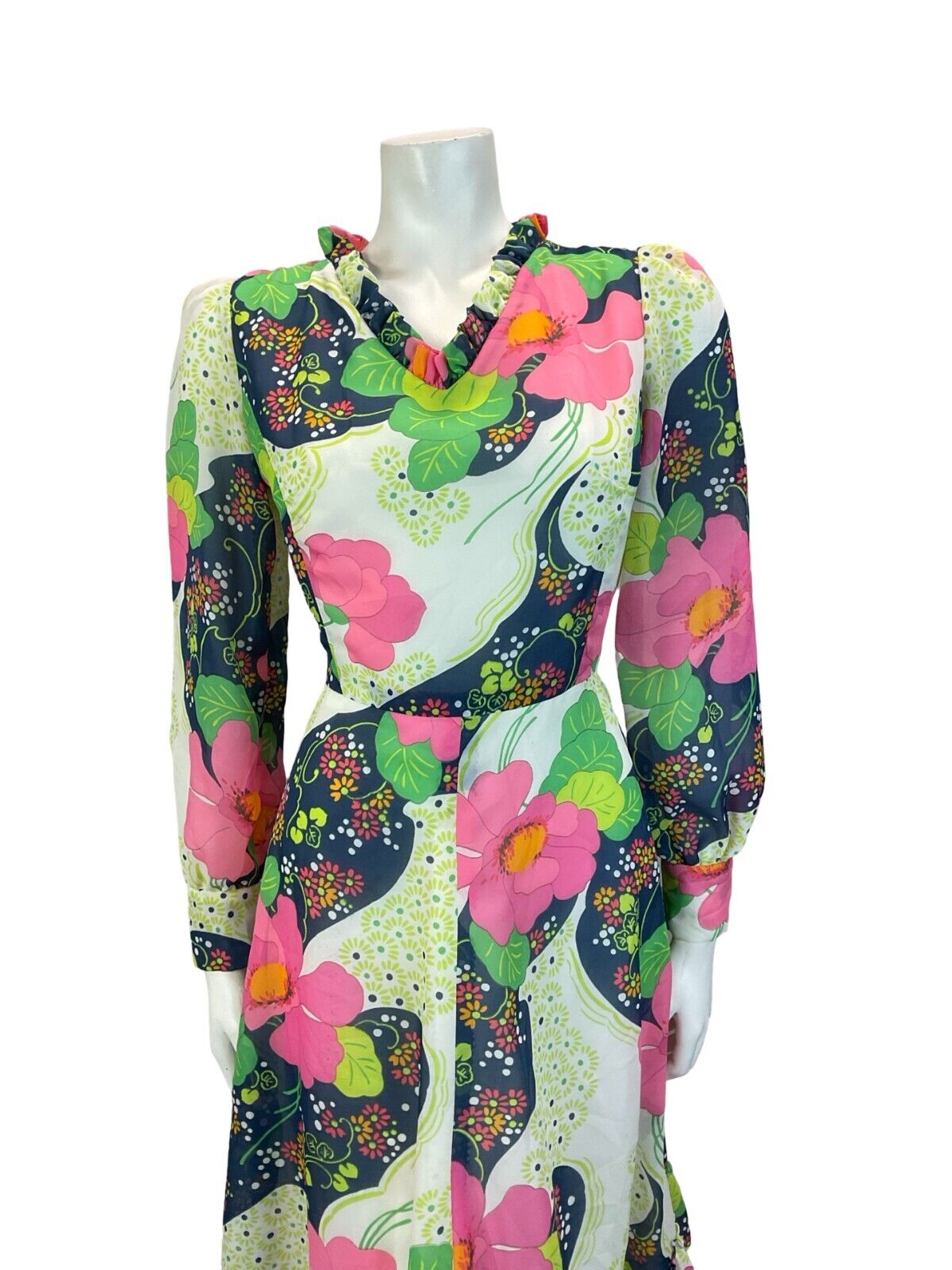 VTG 70S FLORAL PSYCHEDELIC RUFFLE DAISY MINI DRESS PINK BLUE GREEN 10 12