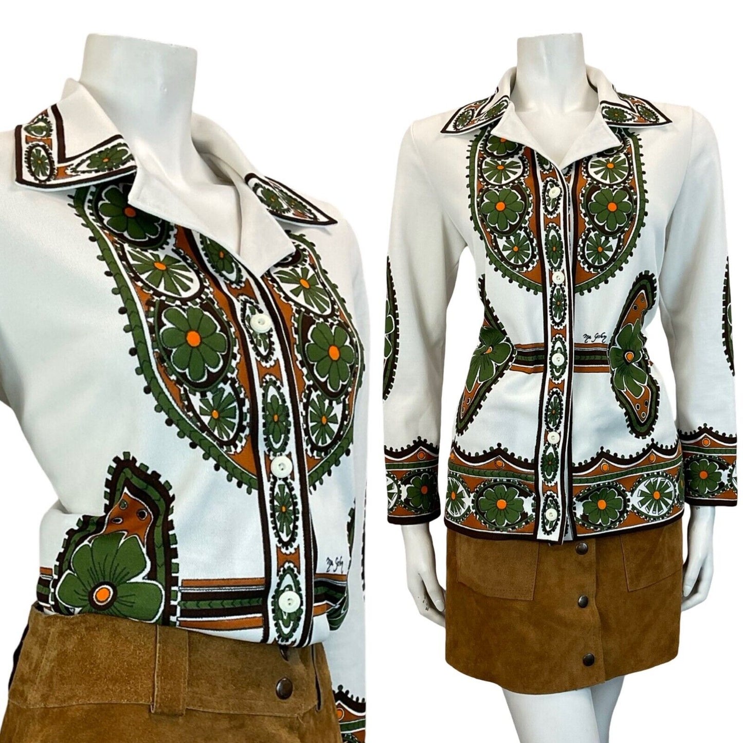 VTG WHITE GREEN BROWN BOHO FOLK FLORAL AZTEC JOHHNY COLLAR SHIRT SIZE 12