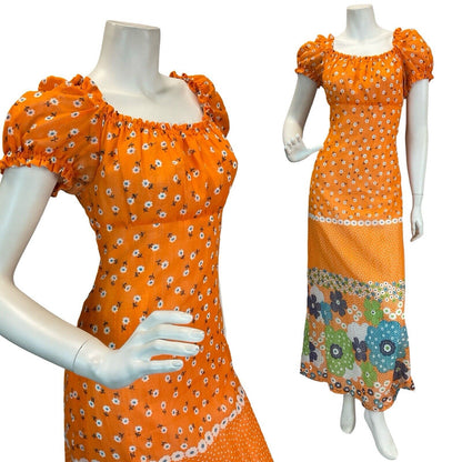 VTG 60s 70s ORANGE DAISY PSYCH RETRO FLORAL PRINT PUFF SLEEVE MAXI DRESS 8 10