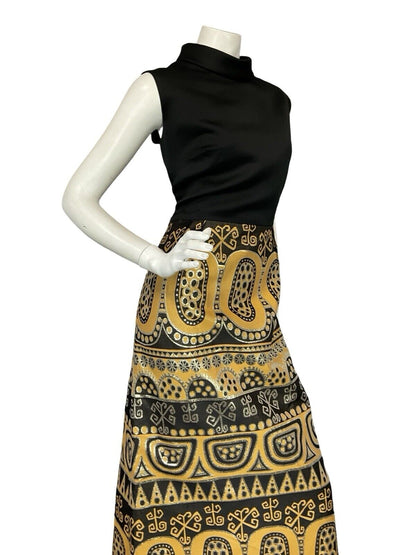 VTG 60S 70S AZTEC HIPPY BLACK GOLD YELLOW METALLIC SLEEVELESS MAXI DRESS 14